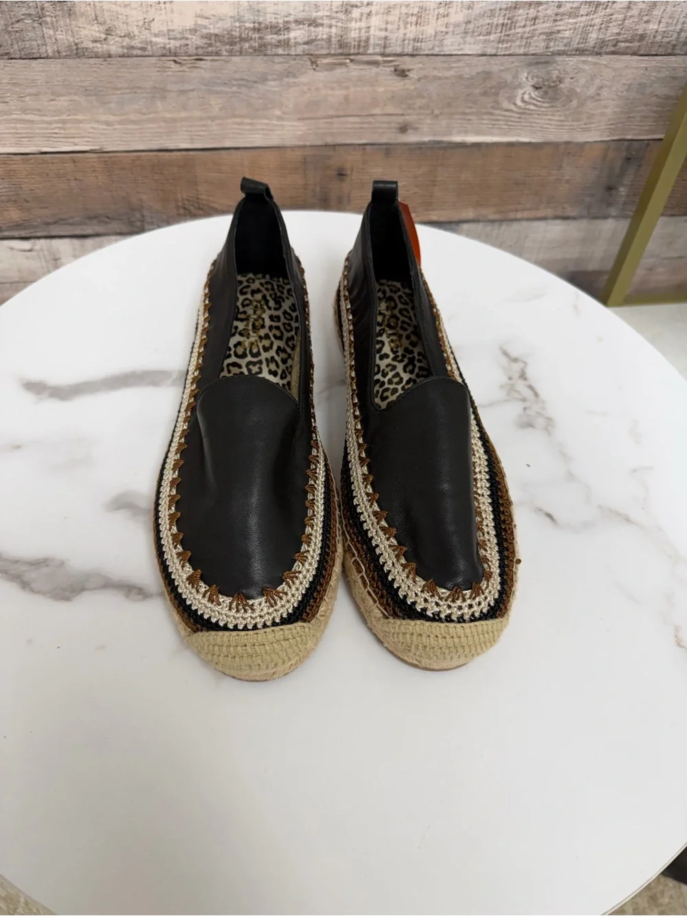 Chico's Black Leather Espadrille Slip on Flats